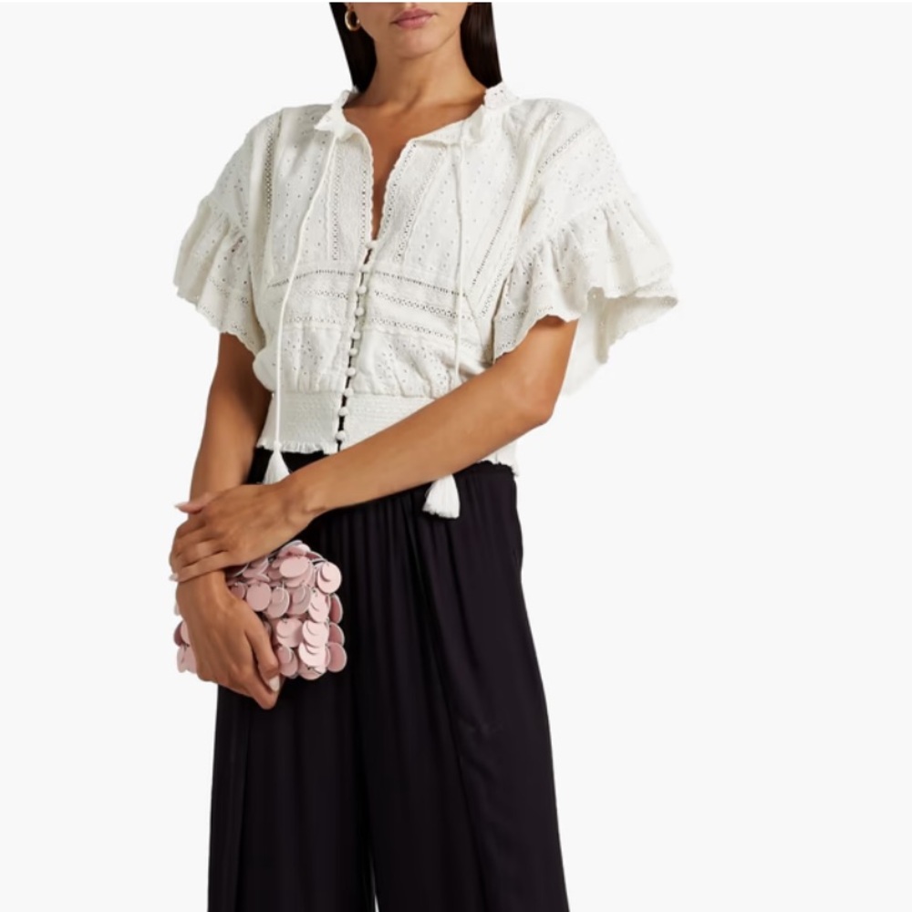 NWOT Alice + Olivia smocked broderie anglaise cotton linen blend blouse size M